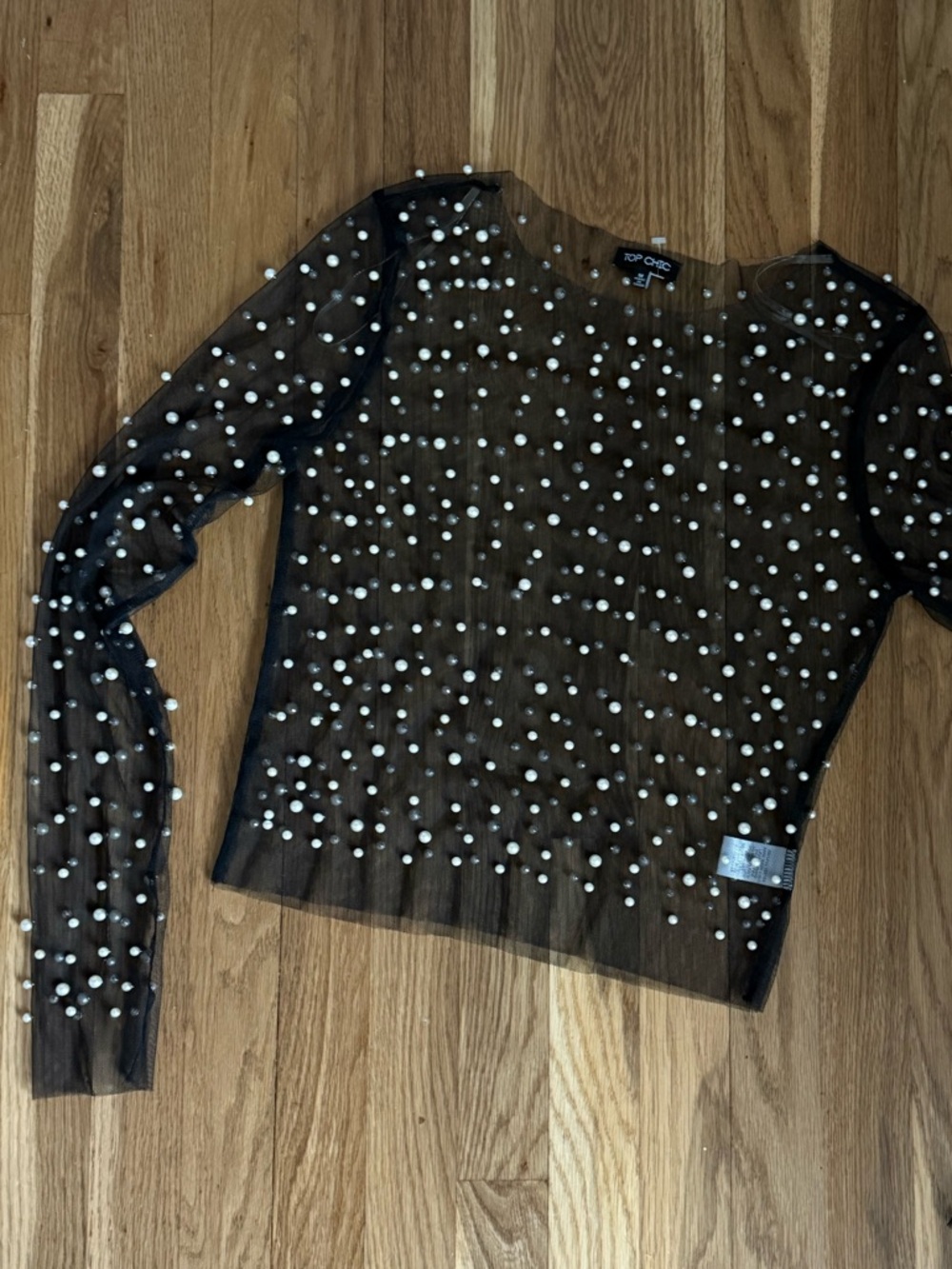 Black Sheer Pearl-Embellished Long Sleeve Top